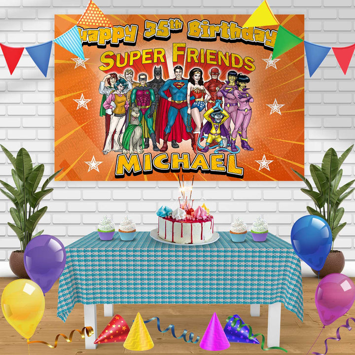 Super Friends Vintage Old Super Heroes Birthday Banner Personalized Party Backdrop Decoration