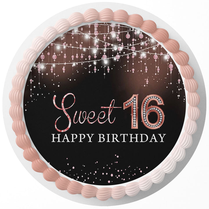 Sweet 16 Black Pink Edible Cake Toppers Round