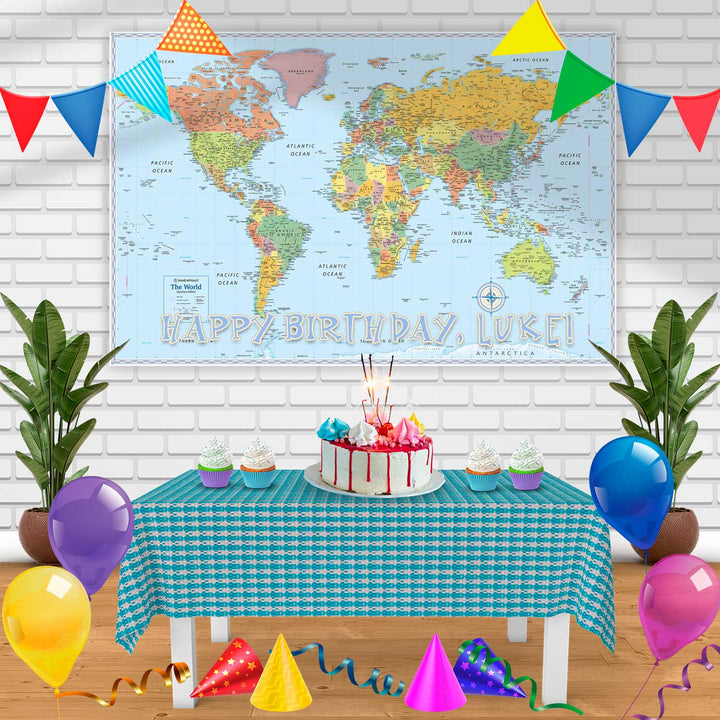 The World Map Birthday Banner Personalized Party Backdrop Decoration
