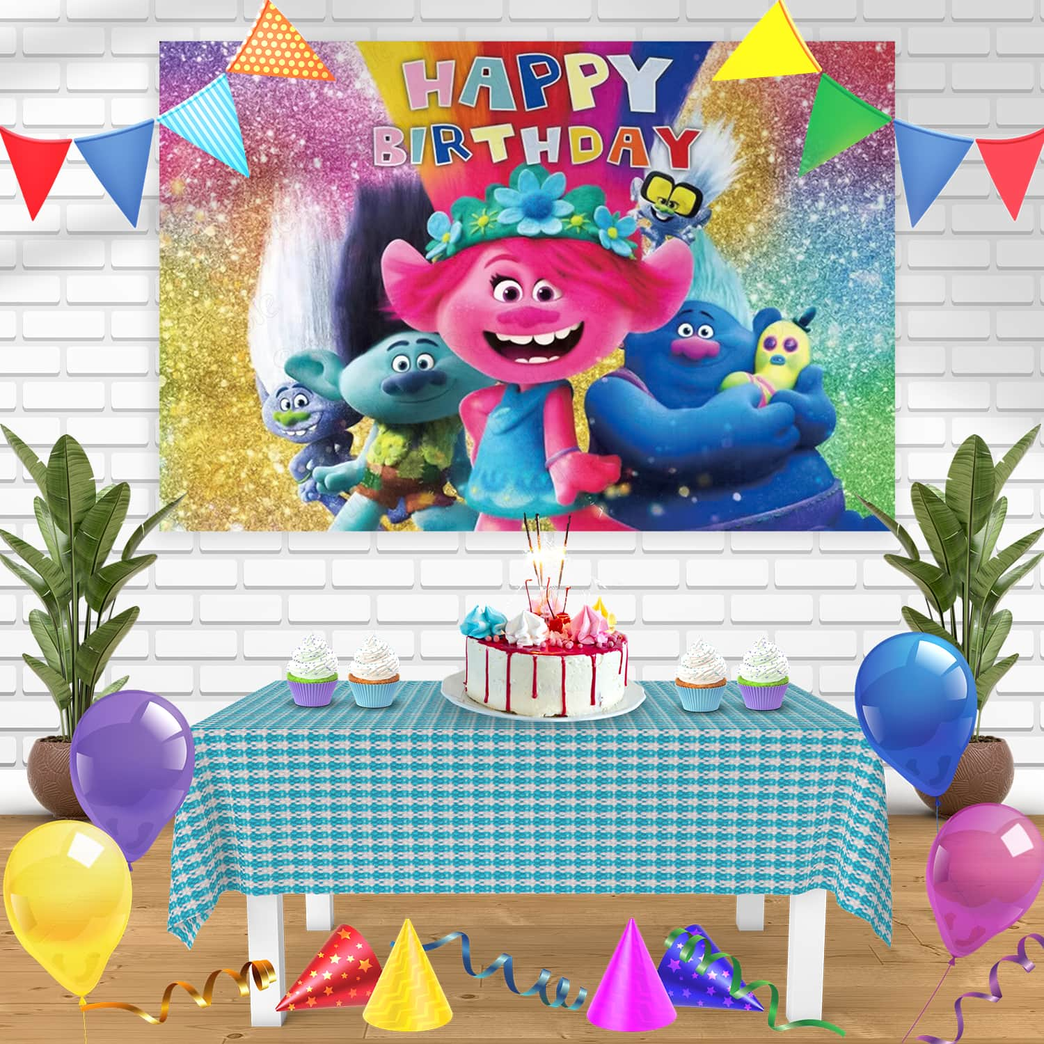 Trolls Glitter MB Bn Birthday Banner Personalized Party Backdrop Decor ...