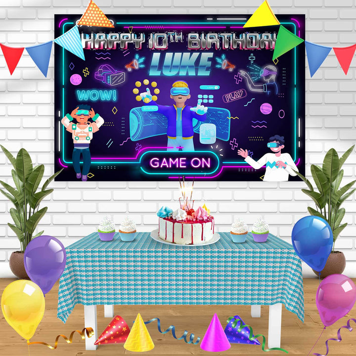 Virtual Reality Game Meta Verse Gamer VR Birthday Banner Personalized Party Backdrop Decoration