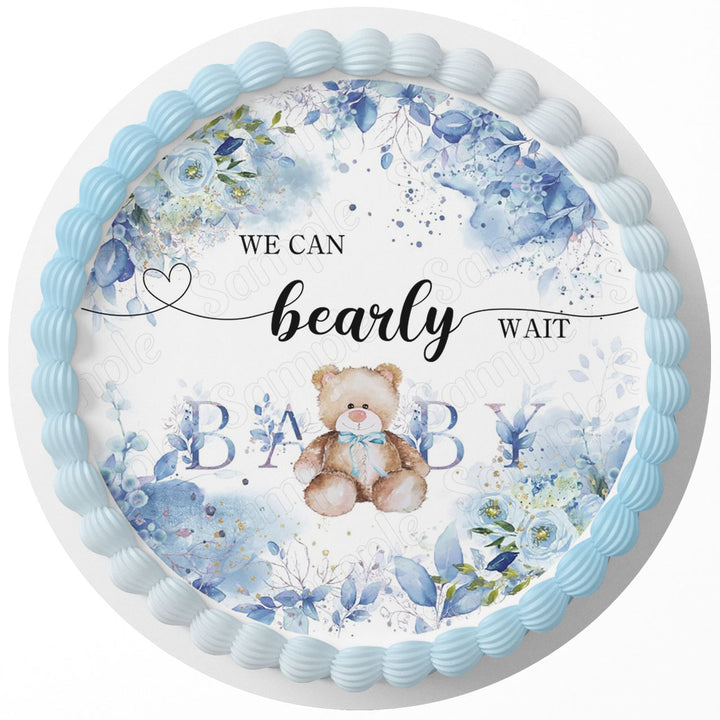 We Can Bearly Wait Baby Boy Edible Cake Toppers Round